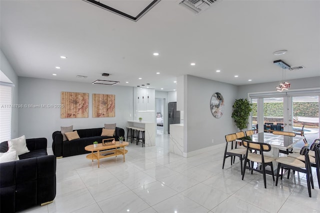 dining room featuring baseboards, french doors, visible vents, and recessed lighting