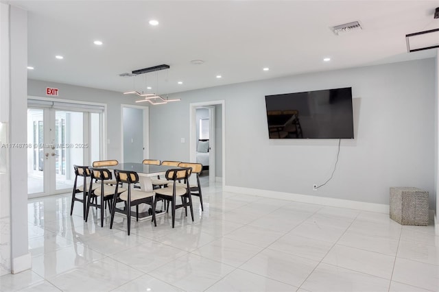 dining space featuring baseboards, french doors, recessed lighting, and visible vents