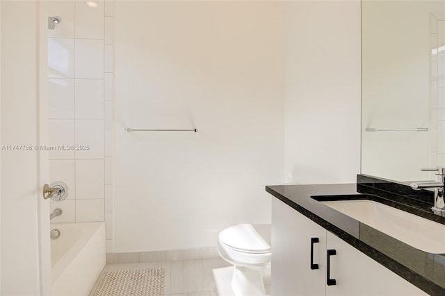 full bathroom with toilet, tub / shower combination, vanity, tile patterned flooring, and baseboards