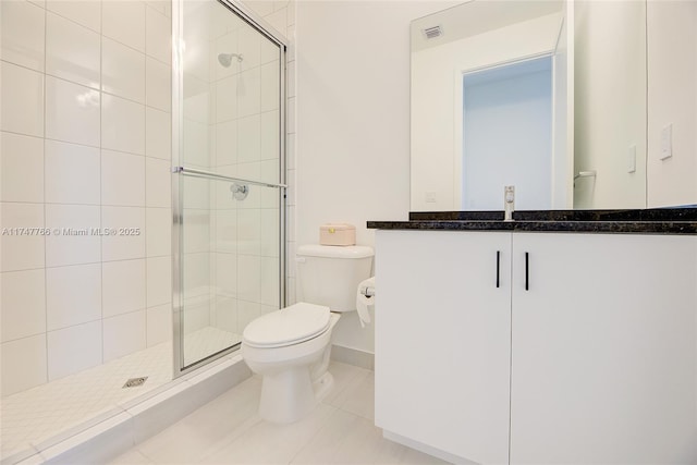 bathroom with toilet, a stall shower, and visible vents