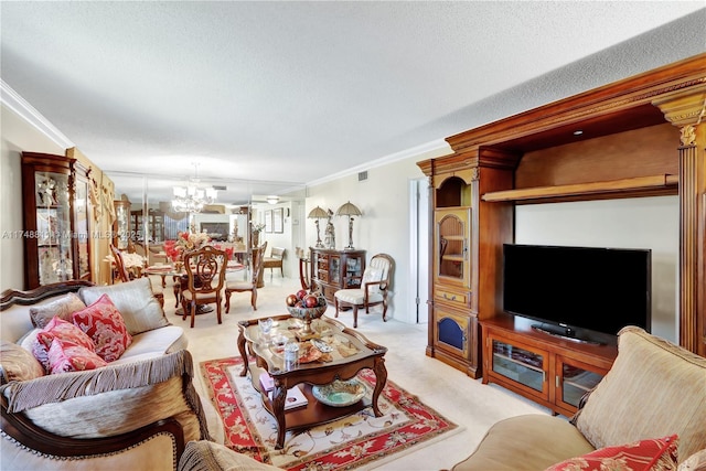 living area featuring a textured ceiling, a chandelier, crown molding, and light colored carpet