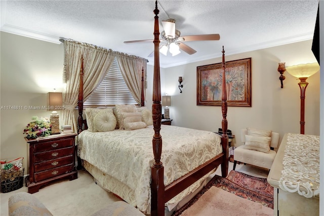 bedroom with light carpet, crown molding, a textured ceiling, and ceiling fan