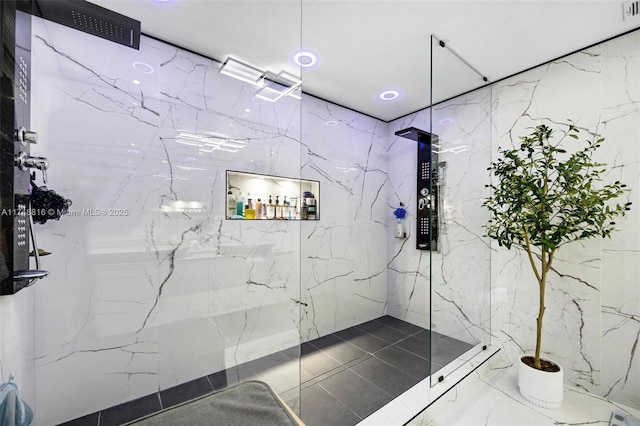 8851 SW 208th Ter, Cutler Bay, FL 33189 - bathroom with a marble finish shower and stone wall