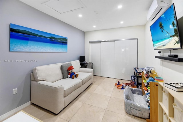 8851 SW 208th Ter, Cutler Bay, FL 33189 - living area featuring an AC wall unit, recessed lighting, light tile patterned flooring, and baseboards