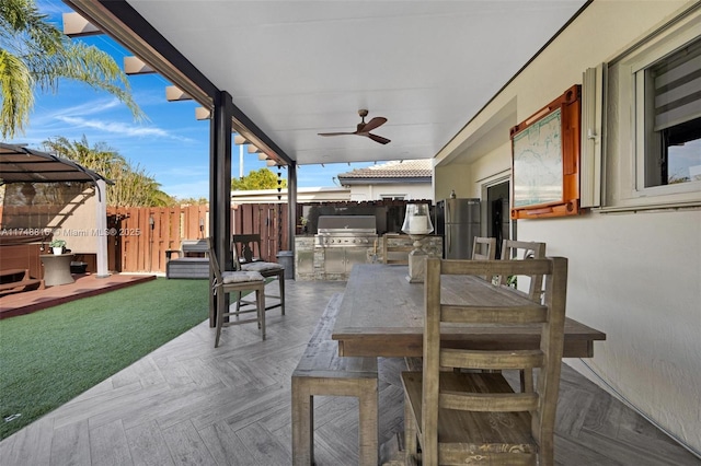 8851 SW 208th Ter, Cutler Bay, FL 33189 - view of patio / terrace with ceiling fan, area for grilling, a gazebo, and fence