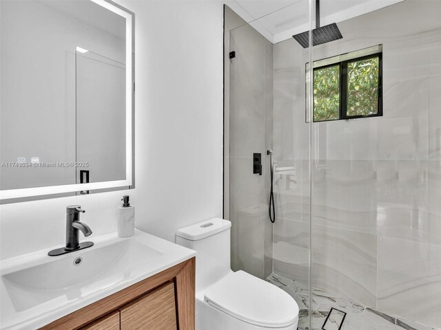 bathroom with toilet, a stall shower, and vanity