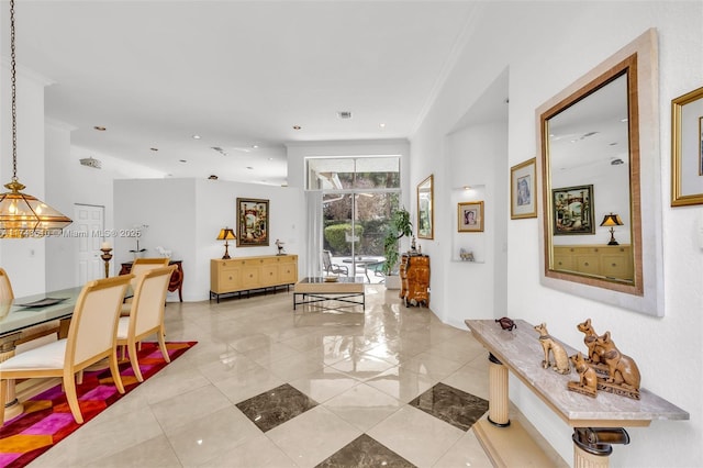 interior space with a chandelier, light tile patterned floors, recessed lighting, visible vents, and ornamental molding