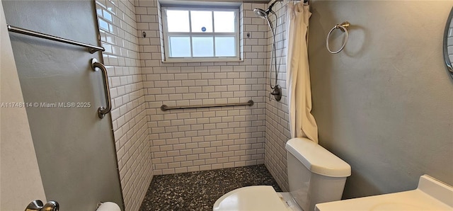 full bath featuring toilet, a shower stall, and vanity