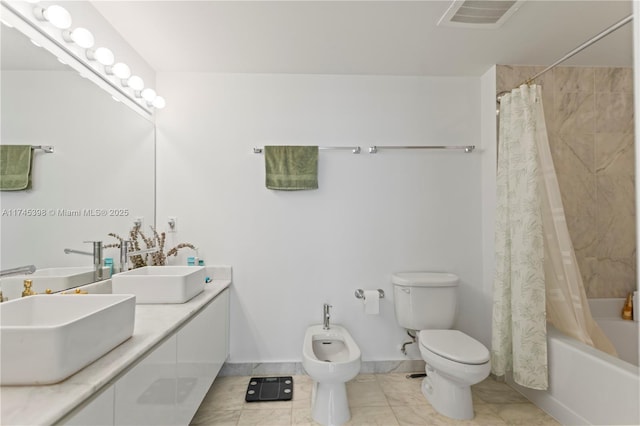 full bath with double vanity, visible vents, shower / tub combo, a bidet, and a sink