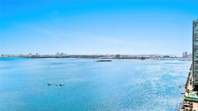 view of water feature with a city view