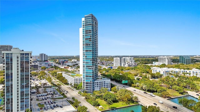 bird's eye view with a city view and a water view