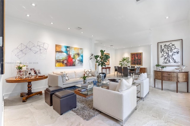 living area with crown molding, baseboards, visible vents, and recessed lighting