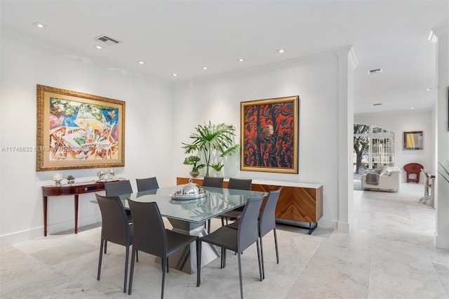 dining room featuring recessed lighting, visible vents, and crown molding