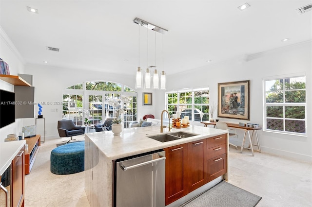 kitchen with decorative light fixtures, a sink, ornamental molding, dishwasher, and a center island with sink