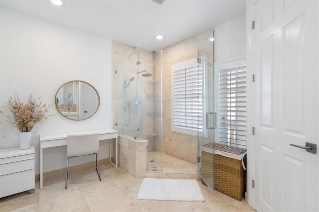 full bathroom featuring recessed lighting, a shower stall, and baseboards