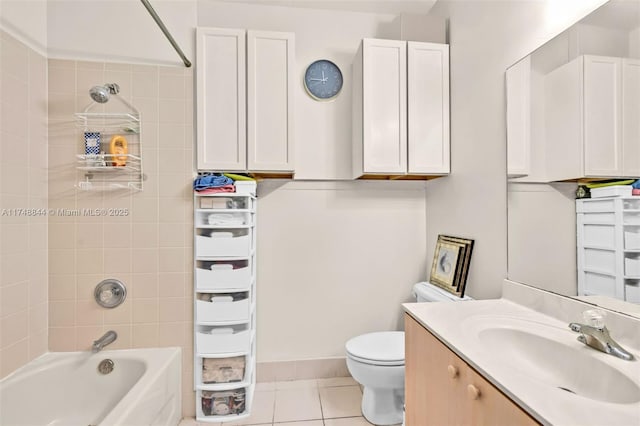 full bath featuring toilet, vanity, shower / tub combination, and tile patterned floors