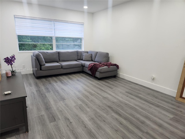 living area featuring light wood-style floors, baseboards, and recessed lighting