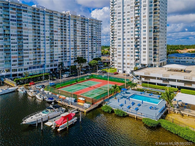 bird's eye view with a water view and a city view