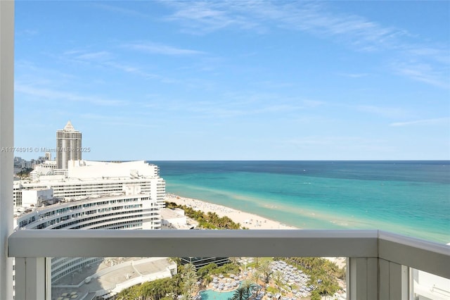 view of water feature with a beach view