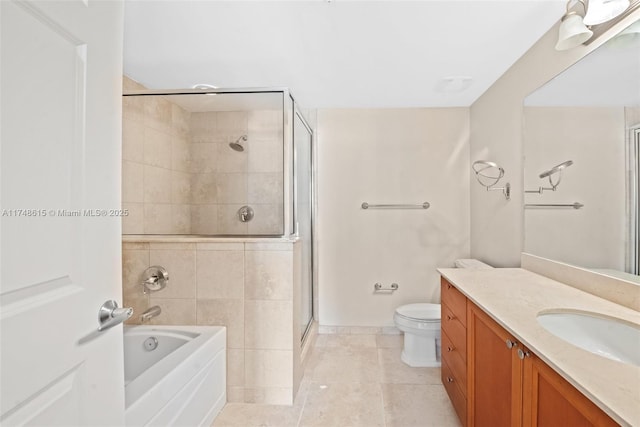 full bath featuring a garden tub, toilet, a shower stall, vanity, and tile patterned flooring