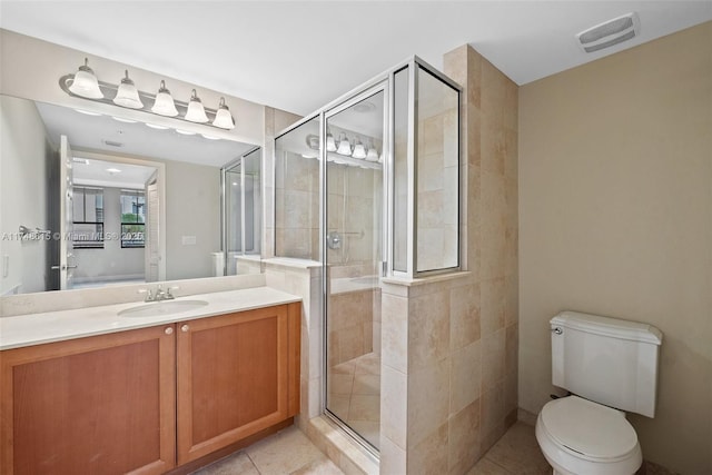 bathroom featuring toilet, a shower stall, visible vents, and tile patterned floors