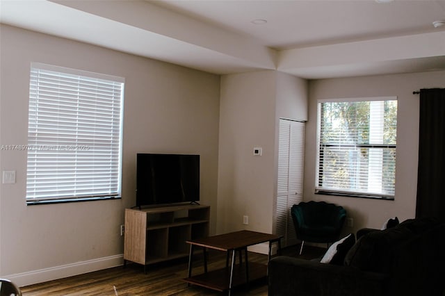 living room with baseboards and dark wood-style flooring