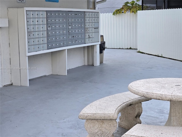 view of property's community featuring fence and mail area
