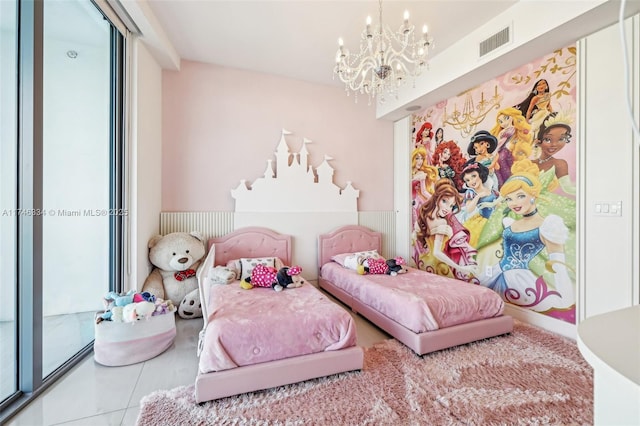 bedroom with tile patterned flooring, multiple windows, visible vents, and a chandelier