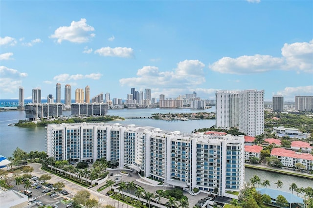 bird's eye view featuring a water view and a city view