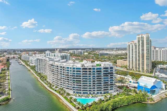 bird's eye view with a water view and a view of city