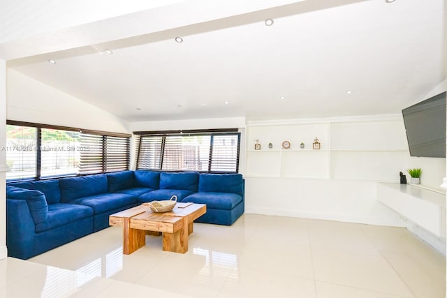 living room with vaulted ceiling, light tile patterned floors, and recessed lighting