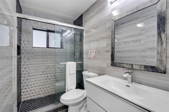 2510 NE 215th St, Miami, FL 33180 - full bathroom with a shower stall, toilet, vanity, tile walls, and tasteful backsplash