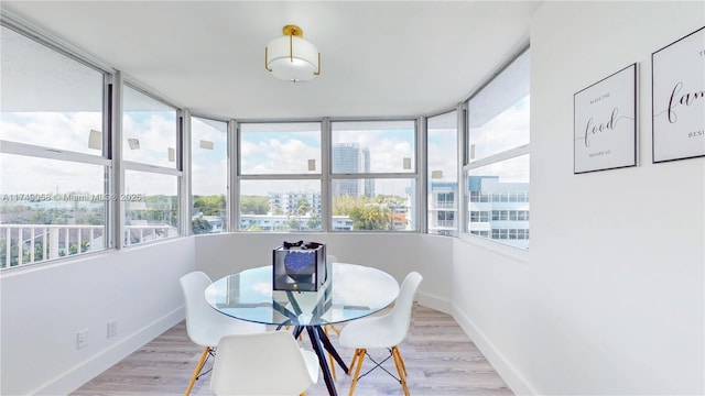 dining room featuring baseboards, a city view, and light wood finished floors