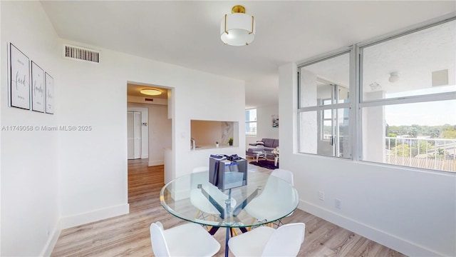 dining space featuring light wood-type flooring, visible vents, and baseboards