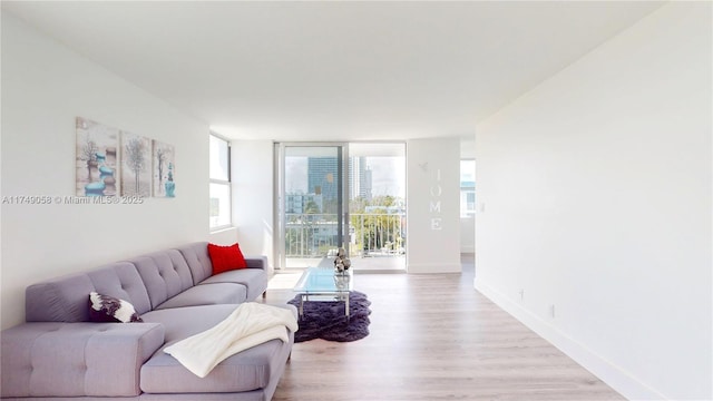 living room featuring light wood finished floors, baseboards, a view of city, and floor to ceiling windows