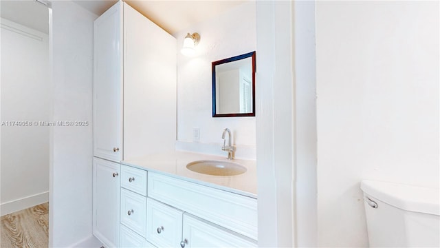 bathroom featuring wood finished floors, vanity, and toilet