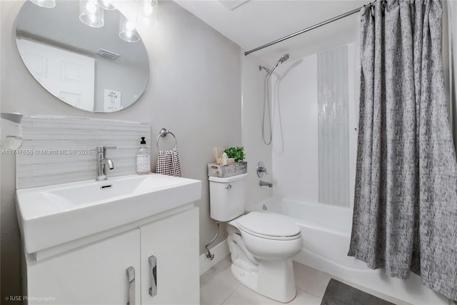 full bath with toilet, visible vents, vanity, tile patterned floors, and shower / bath combo