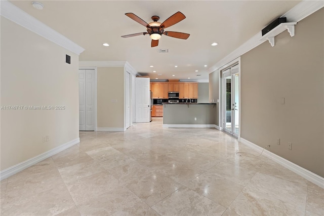 unfurnished living room featuring visible vents, baseboards, a ceiling fan, crown molding, and recessed lighting