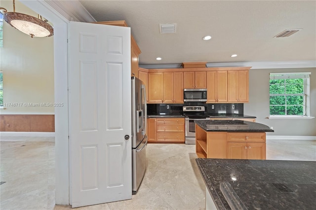 kitchen featuring visible vents, dark stone counters, a center island, stainless steel appliances, and open shelves