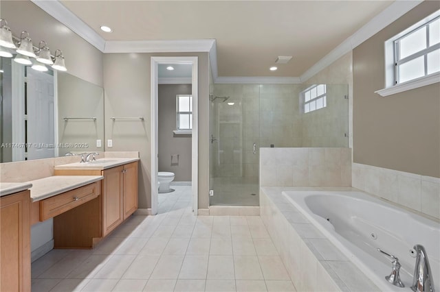 full bath featuring toilet, tile patterned floors, a jetted tub, crown molding, and vanity