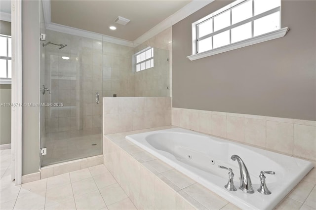 bathroom with visible vents, a shower stall, tile patterned floors, a tub with jets, and crown molding