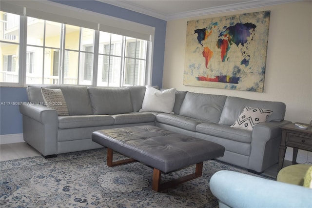 living room featuring ornamental molding, baseboards, and wood finished floors