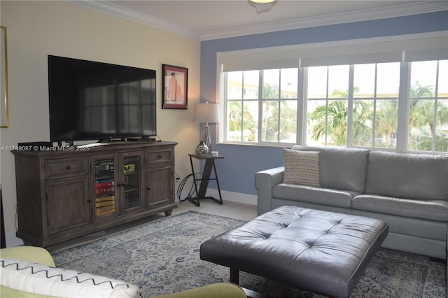 living room with ornamental molding and baseboards