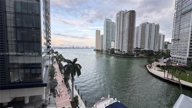 view of water feature with a city view