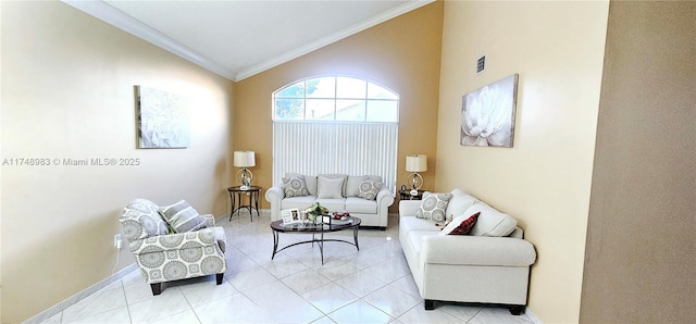 living room featuring lofted ceiling, light tile patterned floors, visible vents, baseboards, and ornamental molding