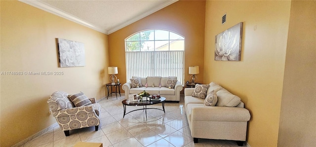 18860 NW 12th St, Pembroke Pines, FL 33029 - living area featuring crown molding, light tile patterned floors, high vaulted ceiling, baseboards, and a textured ceiling