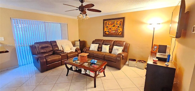 living room with light tile patterned floors, a textured ceiling, a ceiling fan, and crown molding