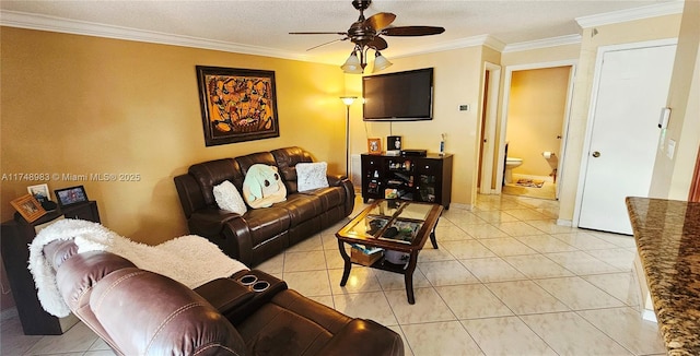 18860 NW 12th St, Pembroke Pines, FL 33029 - living area featuring ceiling fan, ornamental molding, light tile patterned flooring, and baseboards