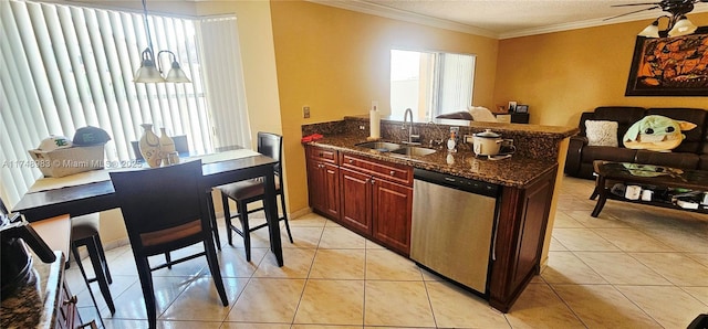 18860 NW 12th St, Pembroke Pines, FL 33029 - kitchen featuring stainless steel dishwasher, a sink, dark stone countertops, ornamental molding, and light tile patterned flooring