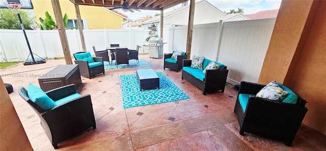 18860 NW 12th St, Pembroke Pines, FL 33029 - fenced backyard featuring an outdoor hangout area, a patio, area for grilling, and ceiling fan